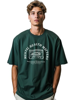 Coredra Playlist Oversize T-Shirt Erkek - Yeşil