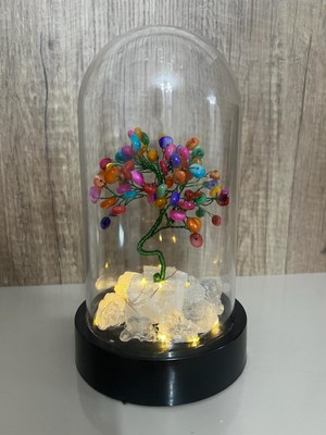 Gümüştel El Sanatları Sertifikalı  Taş Sedef Tasarımlı Bakır Tel Sarma Işıklı Fanus Aksesuar 21X12 cm Büyük Boy