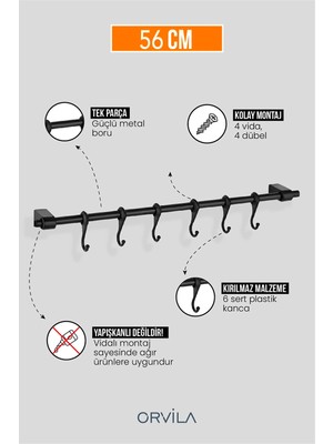 Karteya Dekoratif 6 Kancalı Siyah 56CM Mutfak ve Banyo Askısı Şık ve Pratik Askı Demiri