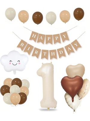 Parti Furyası 1 Yaş Retro Doğum Günü Seti; Krem Rakam Folyo, Banner, Kalp Folyo ve Lateks Balon