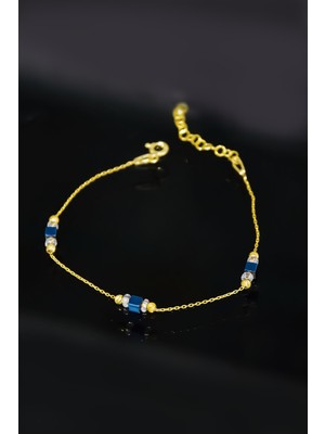 Papatya Silver 925 Ayar Gümüş Gold Kaplama Lacivert Küp Boncuklu, Dorika Toplu Bileklik