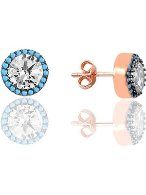 Söğütlü Silver Gümüş Rose Nano Turkuaz ve Zirkon Taşlı Pırlanta Montür Küpe SGTL12383ROSE