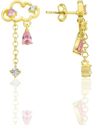 Söğütlü Silver Gümüş Altın Yaldızlı Pembe Zirkon Taşlı Bulut Küpe SGTL12347GOLD