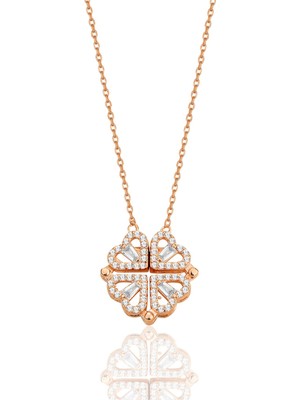 Söğütlü Silver 925 Ayar Gümüş Rose Baget Kesim Zirkon Taşlı Mıknatıslı Açılır Kapanır Yonca Kolye. SGTL12360ROSE