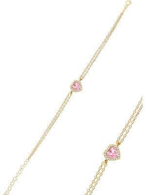 Söğütlü Silver Gümüş Altın Yaldızlı Pırlanta Modeli Pembe Zirkon Taşlı Kalp Bileklik SGTL12396GOLD