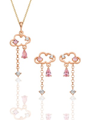 Söğütlü Silver Gümüş Rose Pembe Zirkon Taşlı Bulut Kolye ve Küpe Ikili Set SGTL12353ROSE