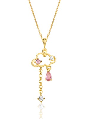 Söğütlü Silver Gümüş Altın Yaldızlı Pembe Zirkon Taşlı Bulut Kolye SGTL12351GOLD