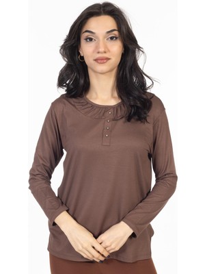 Mutlu City Yeni Sezon 2024 Sade Desen Yuvarlak Yaka Regular Kalıp Anne Penye Bluz 6380