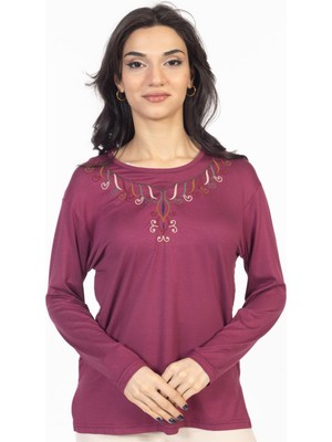 Mutlu City Yeni Model 2024 Nakış Işlemeli Yuvarlak Yaka Likralı Anne Penye Bluz 6450