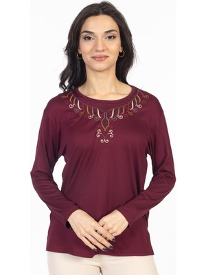 Mutlu City Yeni Model 2024 Nakış Işlemeli Yuvarlak Yaka Likralı Anne Penye Bluz 6450