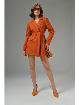 Saade Kadın Kiremit Kuşaklı Ceket %86 Polyester %14 Elastan Kırışmaya Dayanıklı Özellik