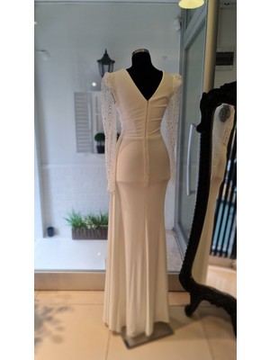 Moda Makko Ekru Beyaz Kruvaze Yakalı Söz Nişan Nikah Elbisesi
