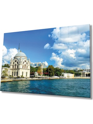 Miraax Istanbul Camii Deniz  Manzaralı Mavi  Cam Tablo