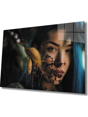 Miraax Kadınlar Mavi Saç Cam Tablo Women Blue Hair