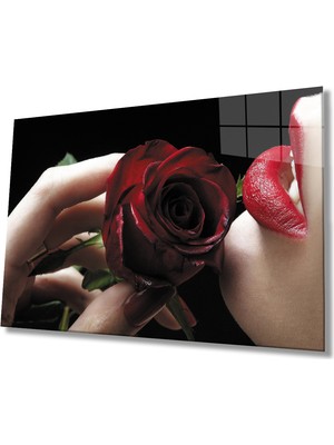 Miraax Kırmızı Gül ve Kadın Cam Tablo   Red Rose And Table