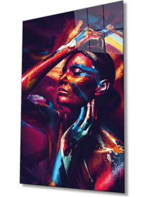 Miraax Rengarenk Parıltılı Kadın Cam Tablo Ev ve Ofis Duvar Dekoru