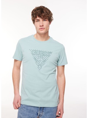 Guess Bisiklet Yaka Düz Mavi Erkek T-Shirt M4RI27K8FQ4G7FE_SS Cn Trıangle Embr