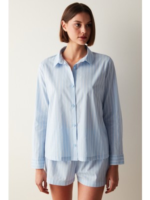 Penti Elle Mavi Çizgili Gömlek Şort Pijama Takımı