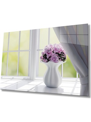 Miraax Beyaz Vazoda Pembe Güller Cam Tablo