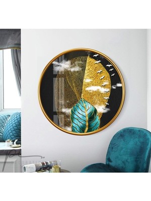 Miraax Gold Yapraklar Yuvarlak Cam Tablo