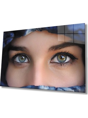Miraax Mavi Başörtülü  Mavi Yeşil Gözlü Kadın Cam Tablo