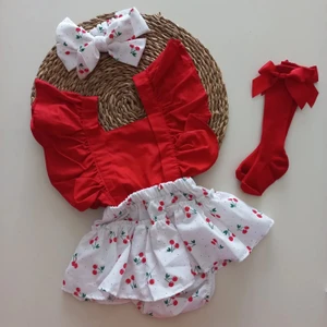 Mars Baby Kız Bebek Kırmızı Kiraz Desenli Fırfırlı Salopet Bandana Fiyonklu Çorap Takım