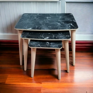 3'lü Zigon Sehpa Siyah Mermer Desen Mdf Kaplama Ahşap Gürgen Ayaklı 3301000000769