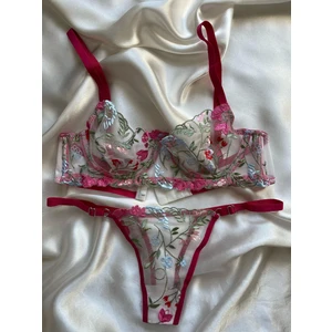 Pembe Çiçek Işlemeli Brode Balenli Bralet Sütyen Iç Çamaşır Takımı