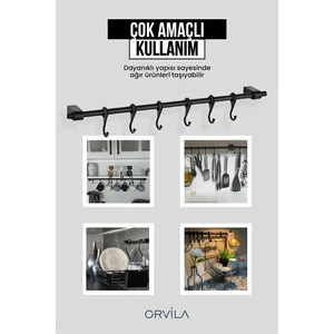 Dekoratif 6 Kancalı Siyah 56CM Mutfak ve Banyo Askısı Şık ve Pratik Askı Demiri
