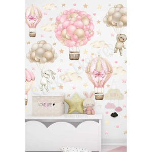 Sticker Ekspres Soft Pembe Bej Tonlarda Uçan Balon Macerası Çocuk Odası Duvar Sticker Seti