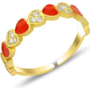 Söğütlü Silver Gümüş Altın Yaldızlı Zirkon Taşlı Alttan Ayarlanabilir Kırmızı Mineli Kalp Yüzük SGTL12311GOLD