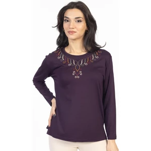 Mutlu City Yeni Model 2024 Nakış Işlemeli Yuvarlak Yaka Likralı Anne Penye Bluz 6450