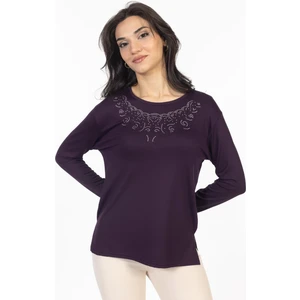 Mutlu City Yeni Model Taş Işlemeli Yuvarlak Yaka Likralı Anne Penye Bluz 6420