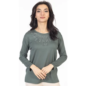 Mutlu City Yeni Model Taş Işlemeli Yuvarlak Yaka Likralı Anne Penye Bluz 6420