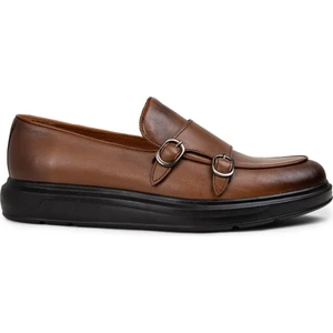 Deri Kahverengi Çift Tokalı Erkek Loafer - 01843MKHVP01