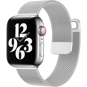 Apple Watch 38 mm / 40 mm / 41 mm (Seriler /se ile Uyumlu) Milanes Loop Mıknatıslı Hasır Metal Kordon Gümüş
