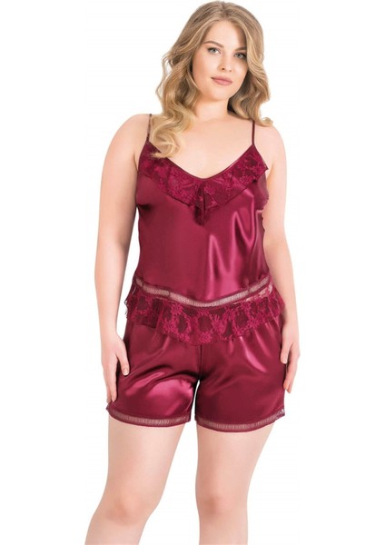 Aria's Closet Büyük Beden Bordo Saten Babydoll Şort Takımı