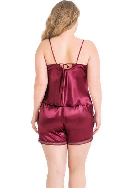 Aria's Closet Büyük Beden Bordo Saten Babydoll Şort Takımı