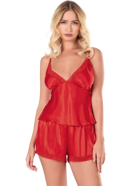 Kırmızı Saten Babydoll Şort Takımı