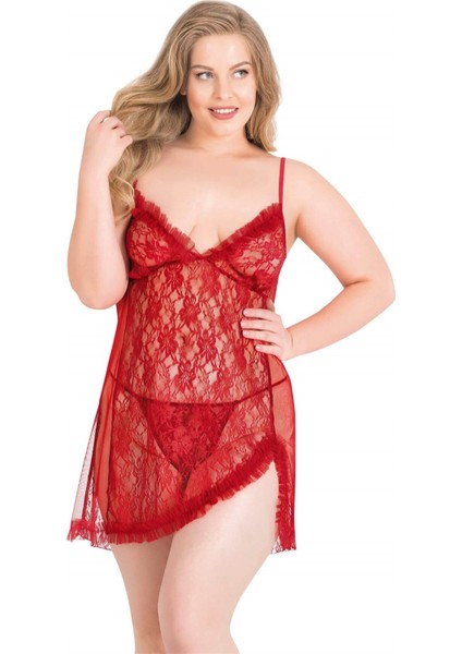 Büyük Beden Kırmızı Kısa Tül Gecelik