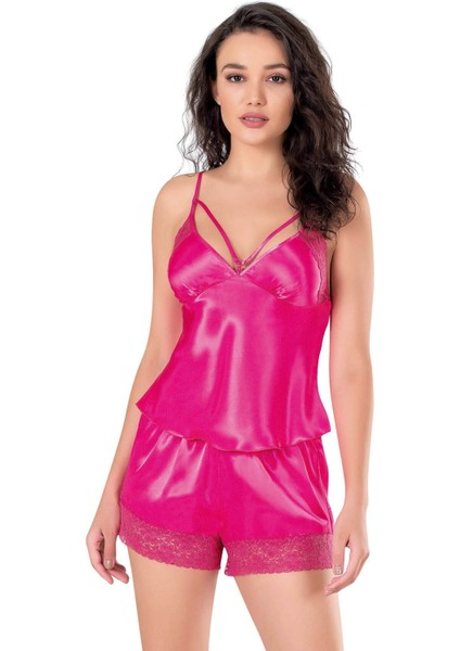 Fuşya Saten Babydoll Şort Takımı