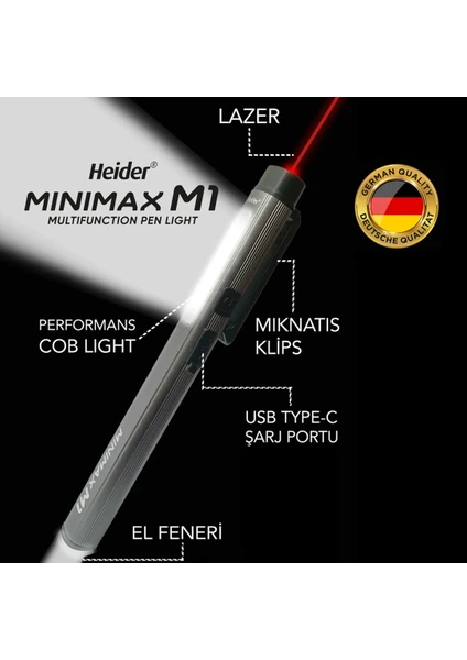 Minimax M1 (Yeni) Özel Metal Tasarım 3 Fonksiyonlu (Lazer + 50 M2 Gövde Lambası + El Feneri) Ce+Rohs Belgeli