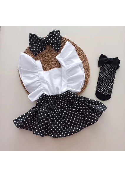Kız Bebek Siyah Puantiye Desenli Fırfırlı Salopet Bandana File Çorap Takım