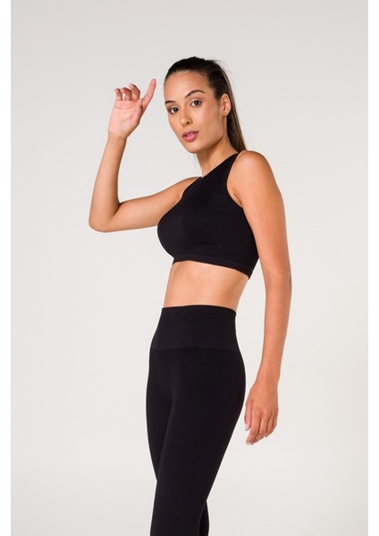 Fitilli Crop Top Seamless Spor Sütyeni Siyah