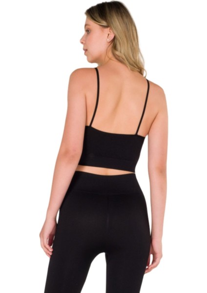 Büzgülü Ince Askılı Dikişsiz Seamless Crop Top Siyah