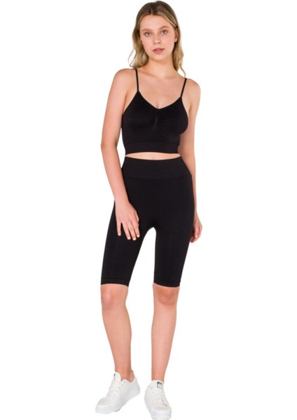 Büzgülü Ince Askılı Dikişsiz Seamless Crop Top Siyah