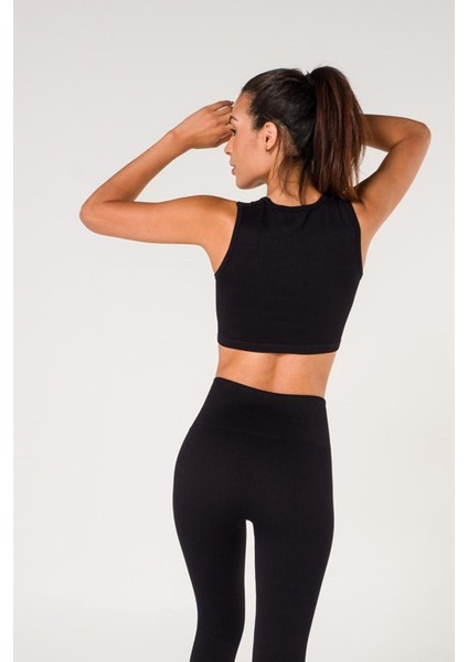 Fitilli Crop Top Seamless Spor Sütyeni Siyah