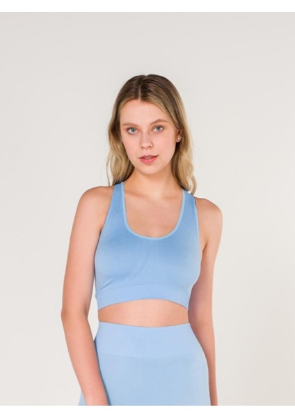 Fitilli Çapraz Detaylı Crop Top Seamless Spor Sütyeni Mavi