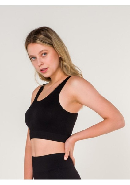 Fitilli Çapraz Detaylı Crop Top Seamless Spor Sütyeni Siyah