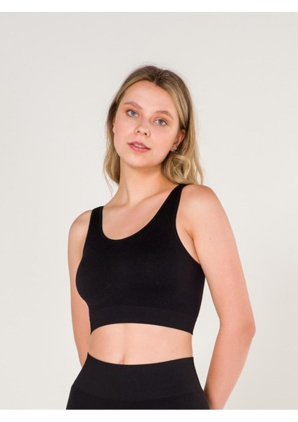 Fitilli Çapraz Detaylı Crop Top Seamless Spor Sütyeni Siyah